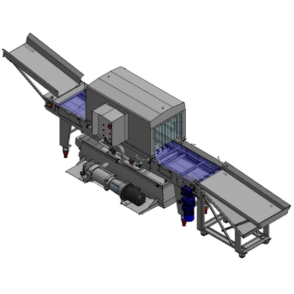 Washing tunnel with nozzles for delicate leafy products and celery in crates with loading and unloading of crates